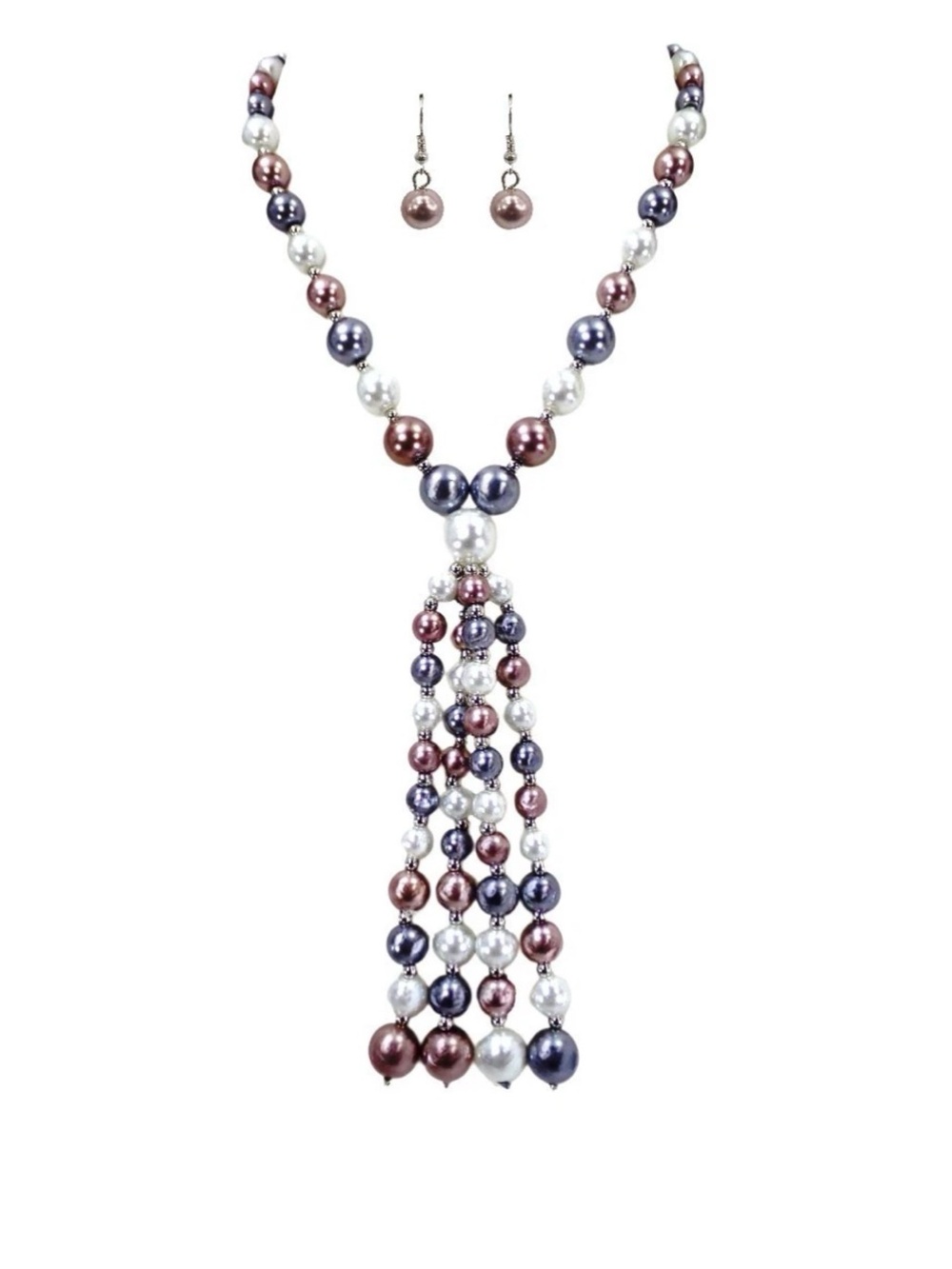 White Gray Mauve Pearl-Style Tassel Necklace Earring Set Artisan Statement New